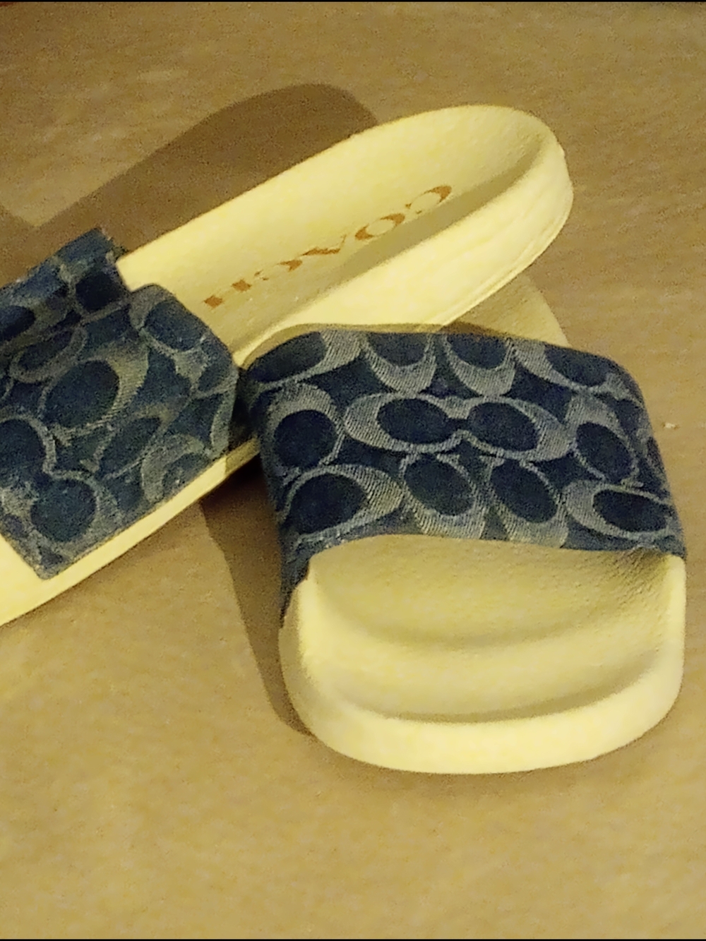 Coach Denim Signature Slide Sandals in Blue and Cream